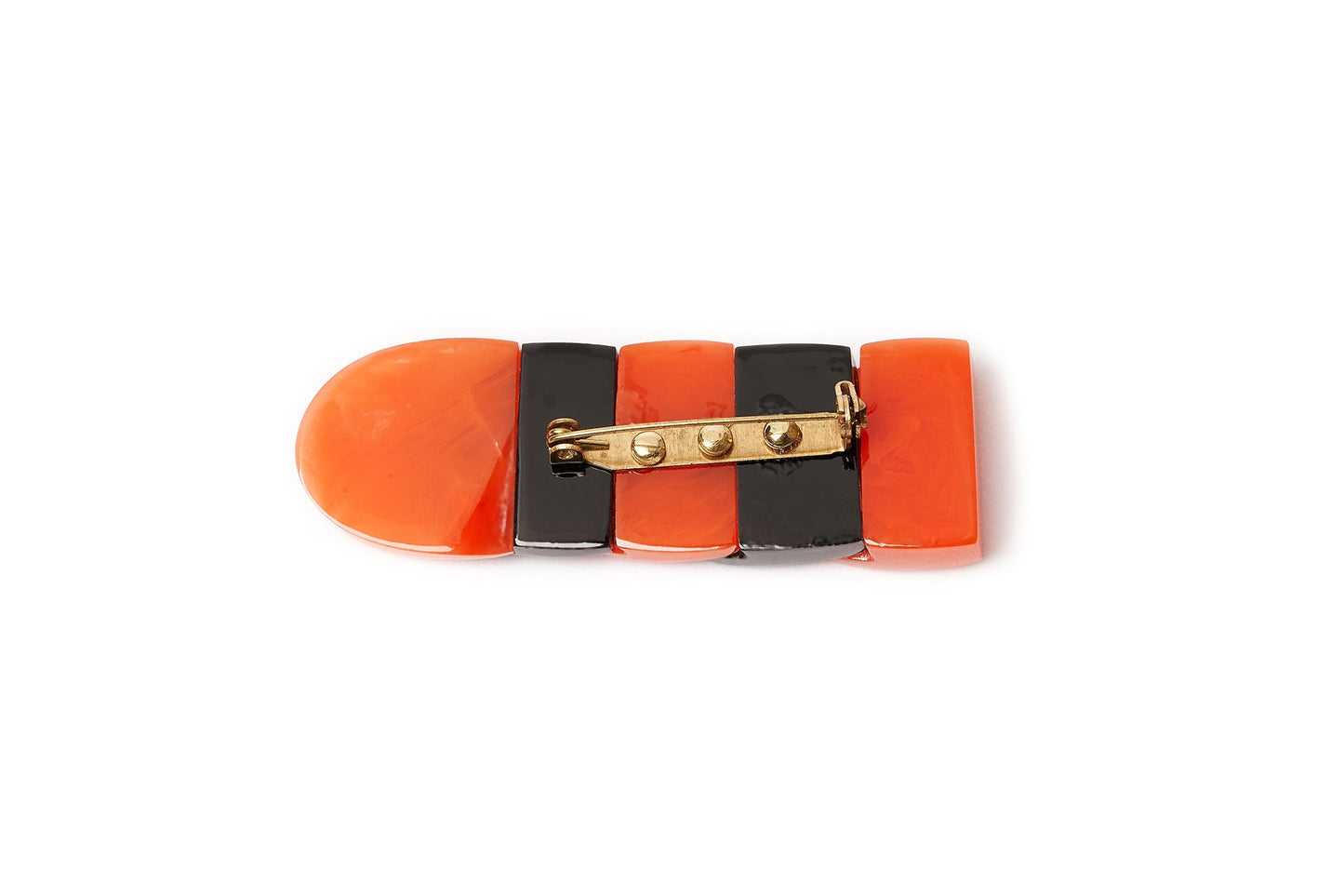 Splendette vintage inspired 1940s style carved orange and black Paprika Fakelite Brooch reverse