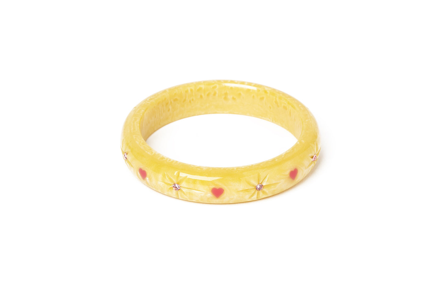 Splendette vintage inspired 1950s kitsch Valentine's style pastel yellow carved fakelite Midi Honey Bunch Starburst Bangle
