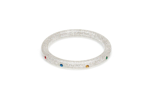 Narrow Rainbow Jewel Carved Silver Glitter Bangle