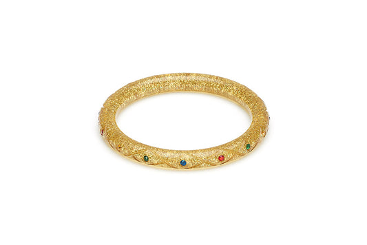 Narrow Rainbow Jewel Carved Gold Glitter Bangle