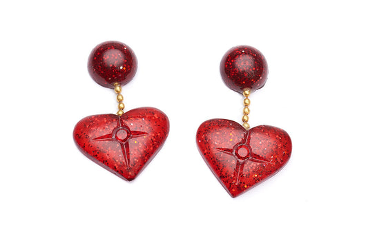Carved Ruby Glitter Heart Earrings