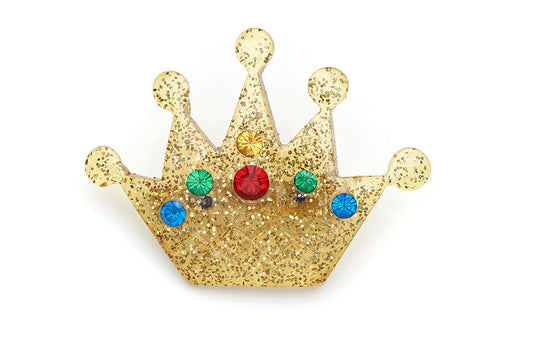 Carved Gold Glitter Crown Brooch
