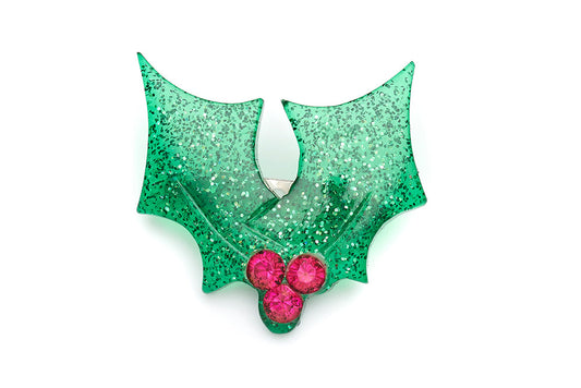 Carved Emerald Glitter Holly Brooch