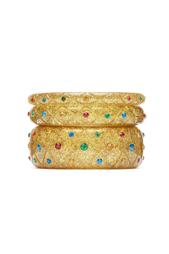 Narrow Rainbow Jewel Carved Gold Glitter Bangle