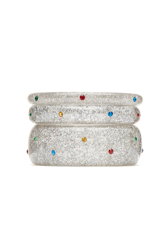 Narrow Rainbow Jewel Carved Silver Glitter Bangle