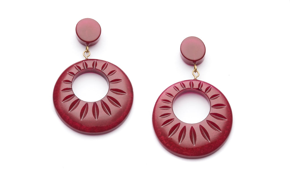 Golden Burgundy Fakelite Drop Hoop Earrings