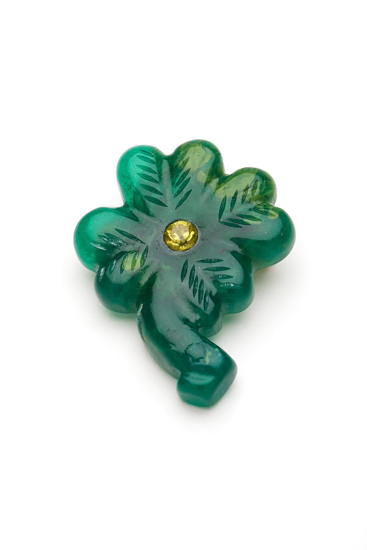 Carved Deep Green Fakelite Clover Brooch