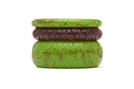 Stack of bakelite style maiden bangles in alder and mouse