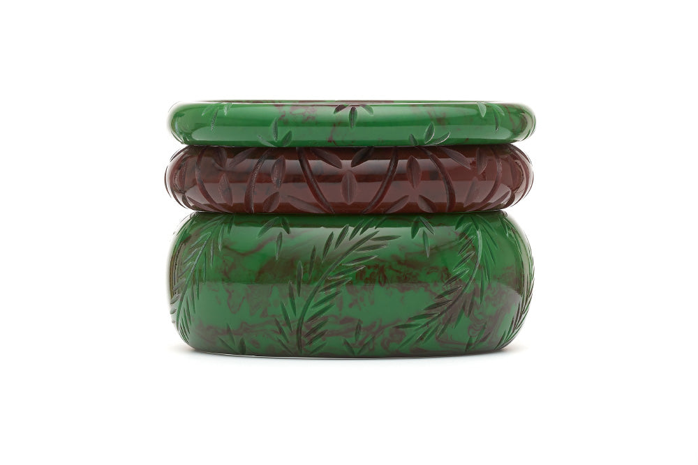 Stack of vintage style maiden bangles in fern and mouse