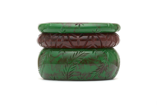 Stack of vintage style maiden bangles in fern and mouse