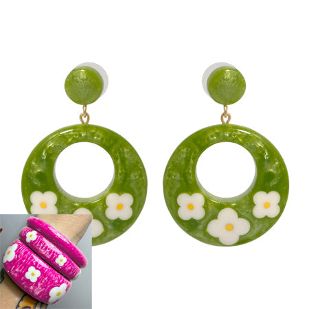 Pink Daisies Drop Hoop Earrings
