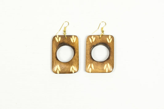 Carved Rectangular Light Wood Earrings