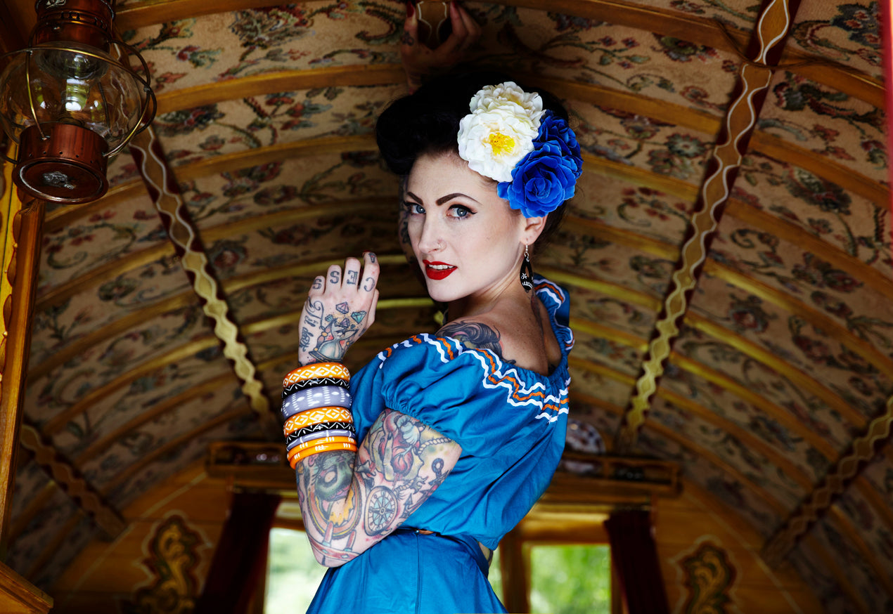 Narrow Blue Carved Bangle