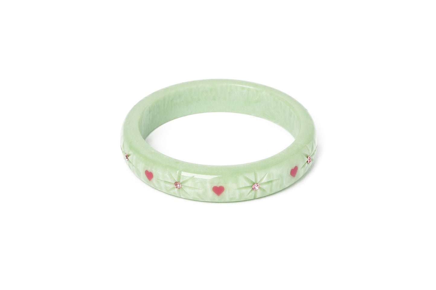 Splendette vintage inspired 1950s Valentine's style carved pastel green fakelite Midi Sweet Pea Starburst Bangle
