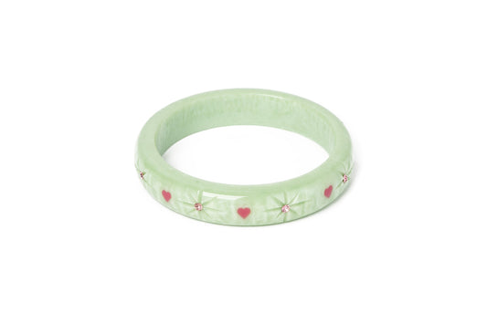 Splendette vintage inspired 1950s Valentine's style carved pastel green fakelite Midi Sweet Pea Starburst Bangle
