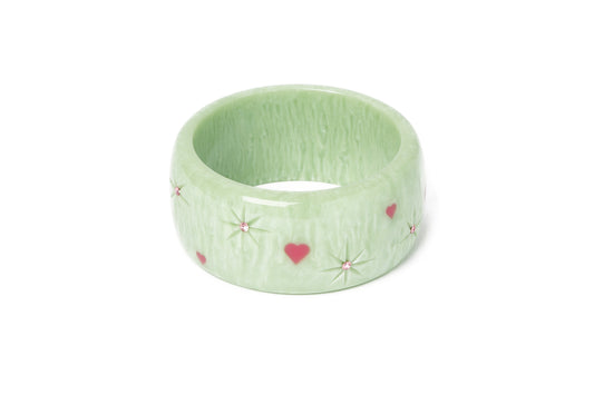 Splendette vintage inspired 1950s Valentine's style carved pastel green fakelite Extra Wide Sweet Pea Starburst Bangle