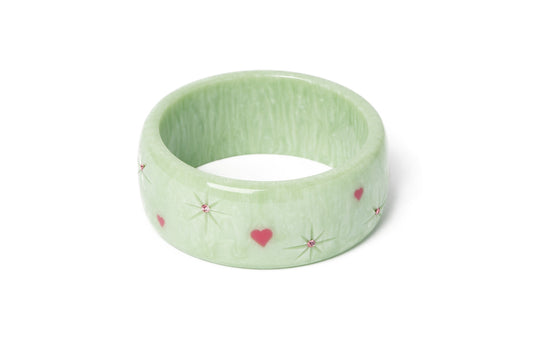 Splendette vintage inspired 1950s Valentine's style carved pastel green fakelite large size Extra Wide Sweet Pea Starburst Duchess Bangle