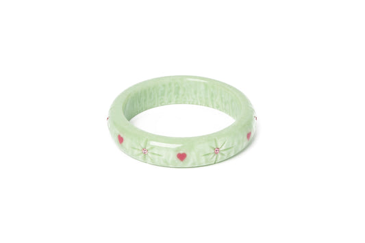 Splendette vintage inspired 1950s Valentine's style carved pastel green fakelite small size Midi Sweet Pea Starburst Maiden Bangle