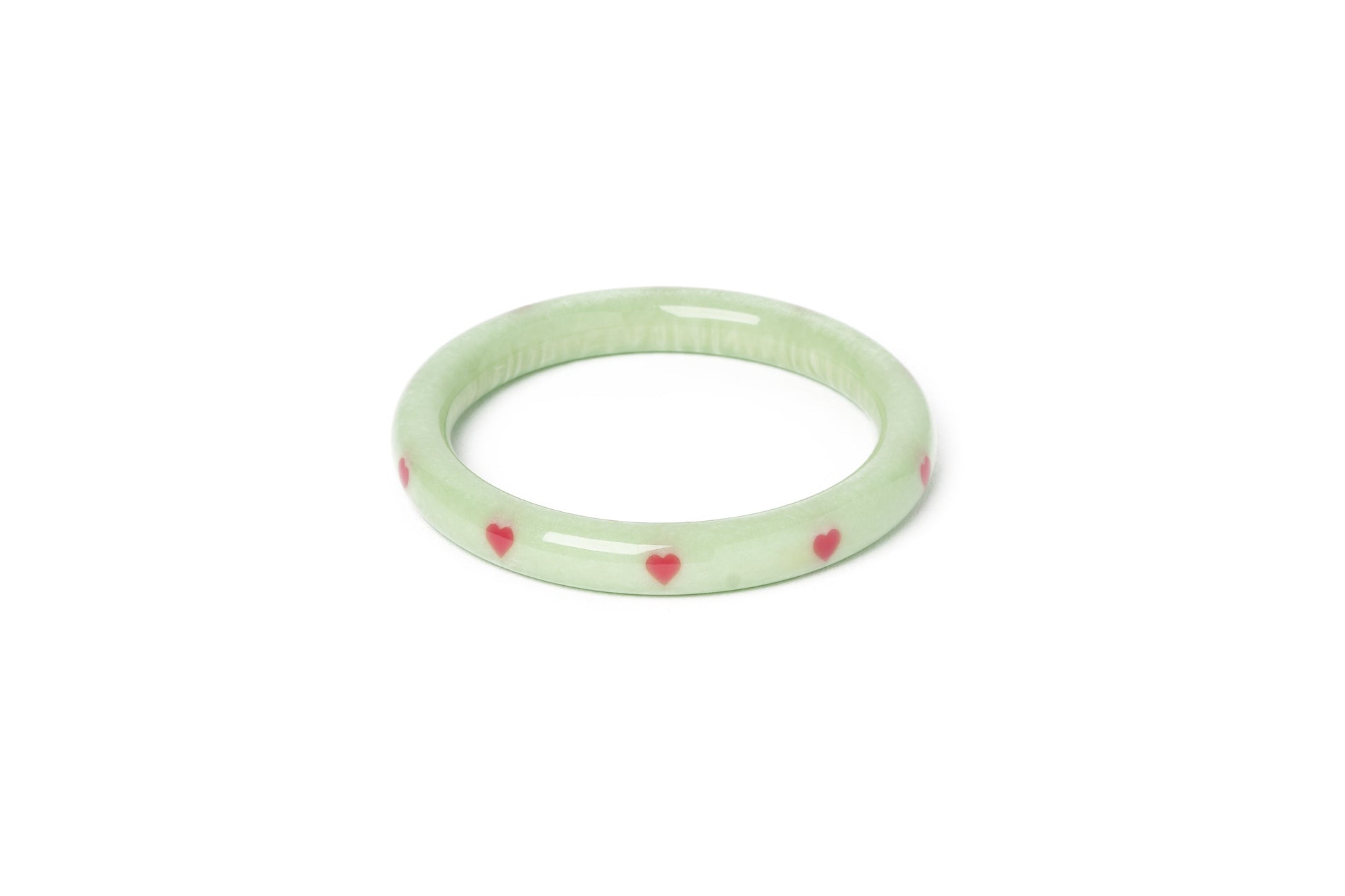 Splendette vintage inspired 1950s Valentine's style carved pastel green fakelite small size Narrow Sweet Pea Starburst Maiden Bangle