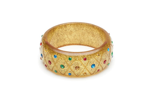 Wide Rainbow Jewel Carved Gold Glitter Bangle