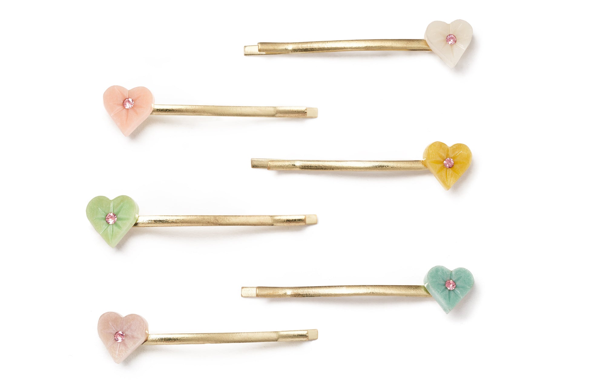 Splendette vintage inspired 1950s Valentine's style Set of 6 Pastel Hair Slides with white Sugar, pink Sweet Cheeks, yellow Honey Bunch, green Sweet Pea, blue Baby Doll and purple Poppet