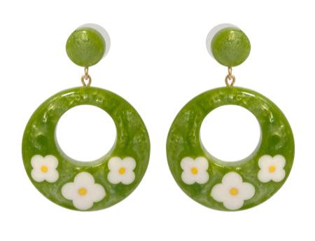 Green Daisies Drop Hoop Earrings