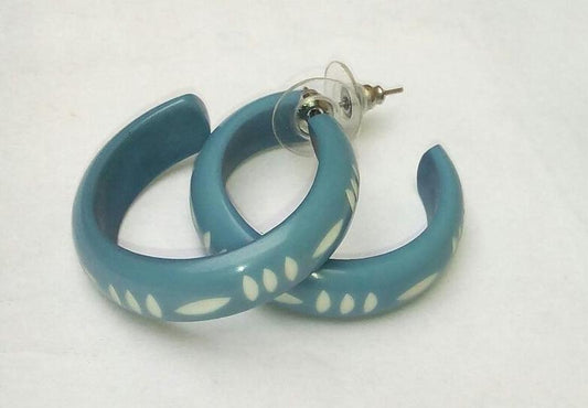 Carved Hoop Earrings Blue