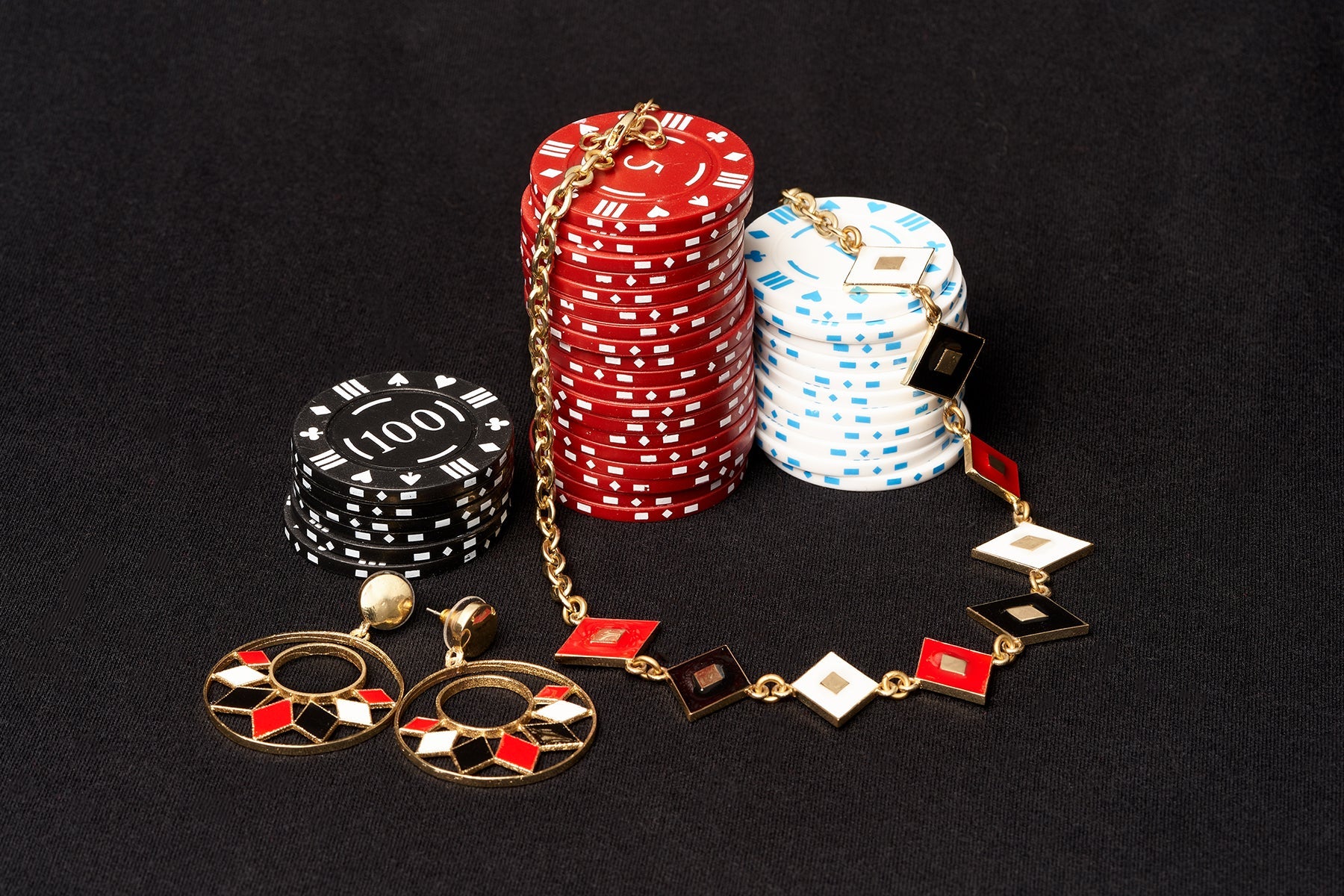 Splendette vintage inspired 1950s casino style Diamonds Drop Hoop Earrings and Diamonds Necklace with poker chips