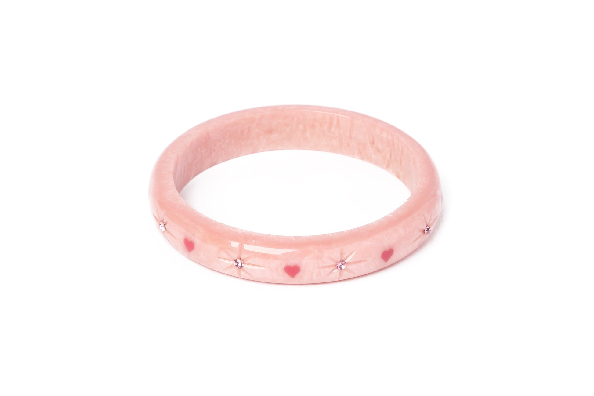 Splendette vintage inspired 1950s Valentine's style carved pink fakelite large size Midi Sweet Cheeks Starburst Duchess Bangle