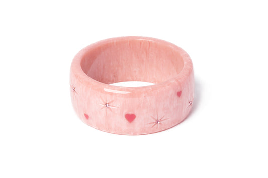 Splendette vintage inspired 1950s Valentine's style carved pink fakelite large size Extra Wide Sweet Cheeks Starburst Duchess Bangle