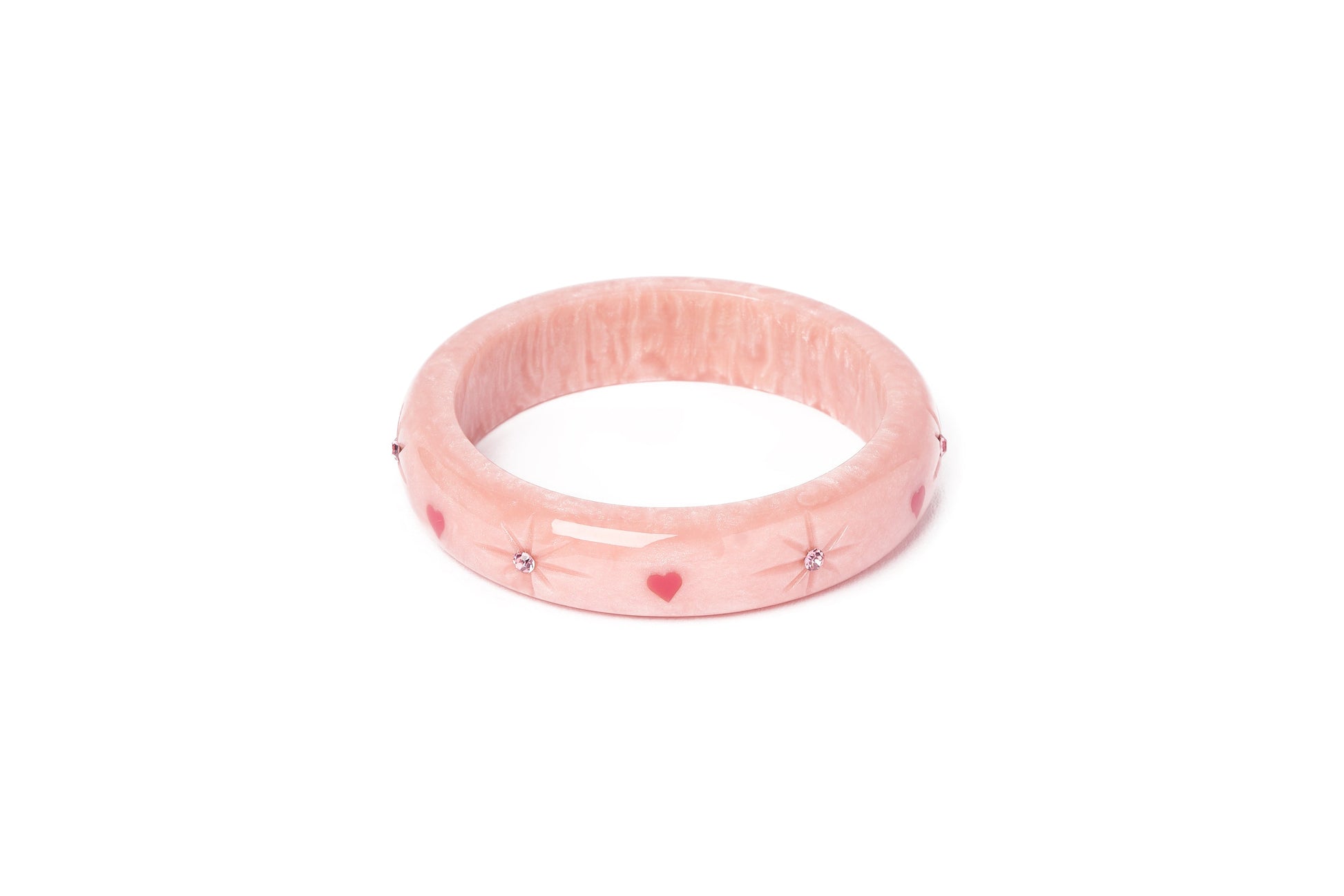 Splendette vintage inspired 1950s Valentine's style carved pink fakelite small size Midi Sweet Cheeks Starburst Maiden Bangle