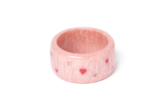 Splendette vintage inspired 1950s Valentine's style carved pink fakelite small size Extra Wide Sweet Cheeks Starburst Maiden Bangle