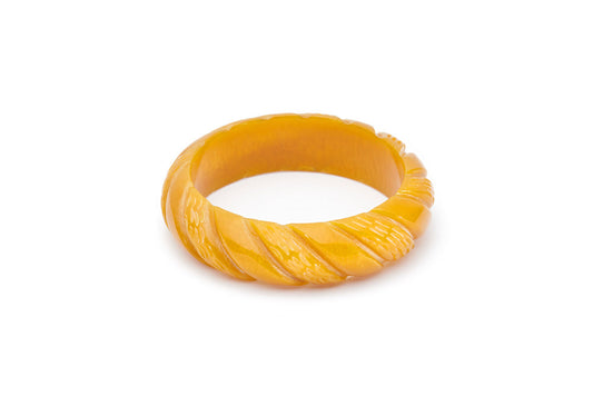 Splendette vintage inspired 1940s style carved yellow Midi Golden Mustard Fakelite Bangle in Classic size