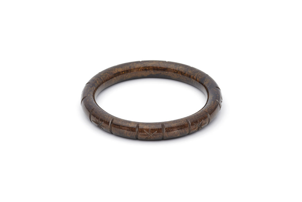 Splendette vintage inspired 1940s style carved brown Narrow Golden Espresso Fakelite Bangle in Classic size