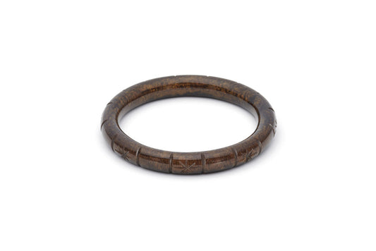 Splendette vintage inspired 1940s style carved brown Narrow Golden Espresso Fakelite Bangle in Classic size