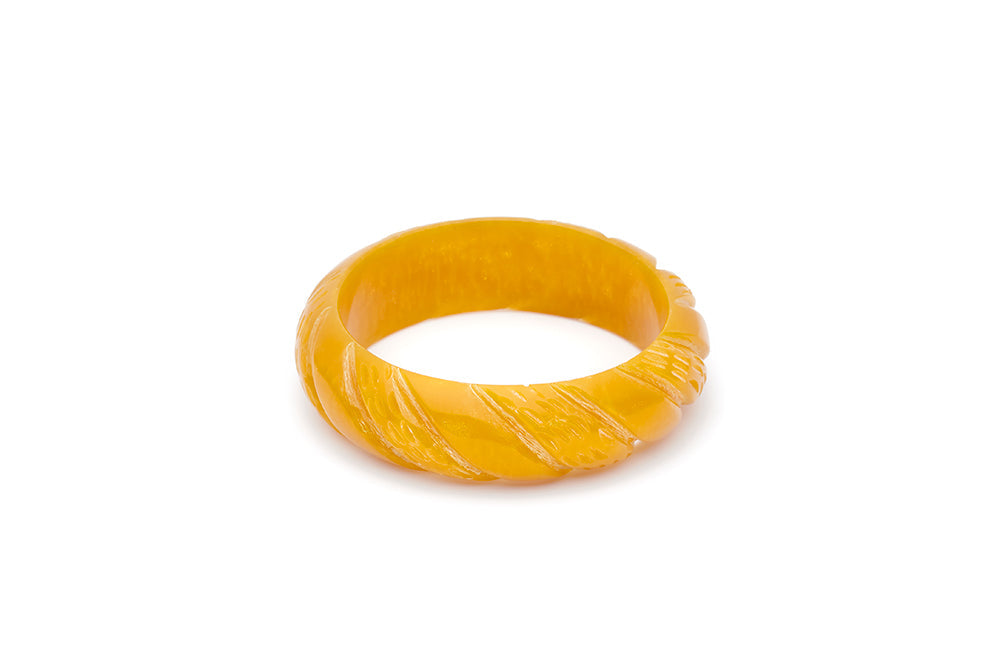 Splendette vintage inspired 1940s style carved yellow Midi Golden Mustard Fakelite Bangle in Maiden size