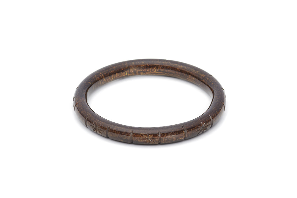 Splendette vintage inspired 1940s style carved brown Narrow Golden Espresso Fakelite Bangle in Duchess size
