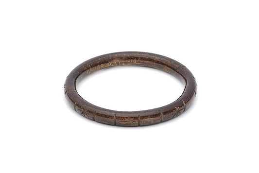 Splendette vintage inspired 1940s style carved brown Narrow Golden Espresso Fakelite Bangle in Duchess size