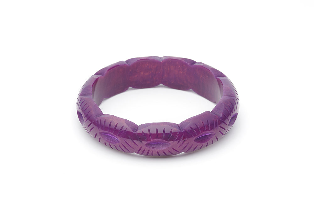 Splendette vintage inspired 1940s style carved purple Midi Golden Plum Fakelite Bangle in Duchess size