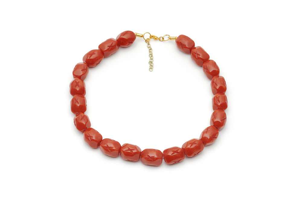 Splendette vintage inspired 1940s style carved orange Narrow Golden Amber Fakelite Necklace