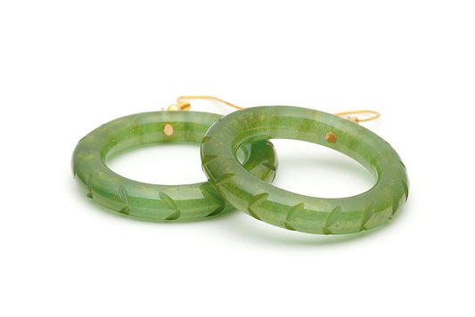 Splendette vintage inspired 1940s style carved green Golden Olive Fakelite Drop Hoop Earrings