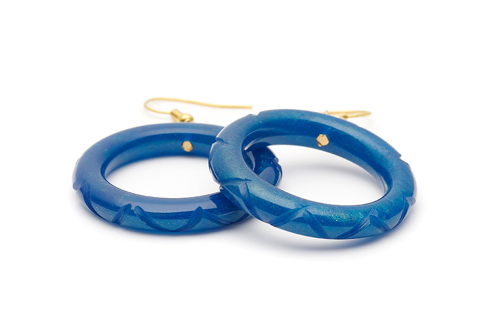Splendette vintage inspired 1940s style carved blue Golden Ink Fakelite Drop Hoop Earrings