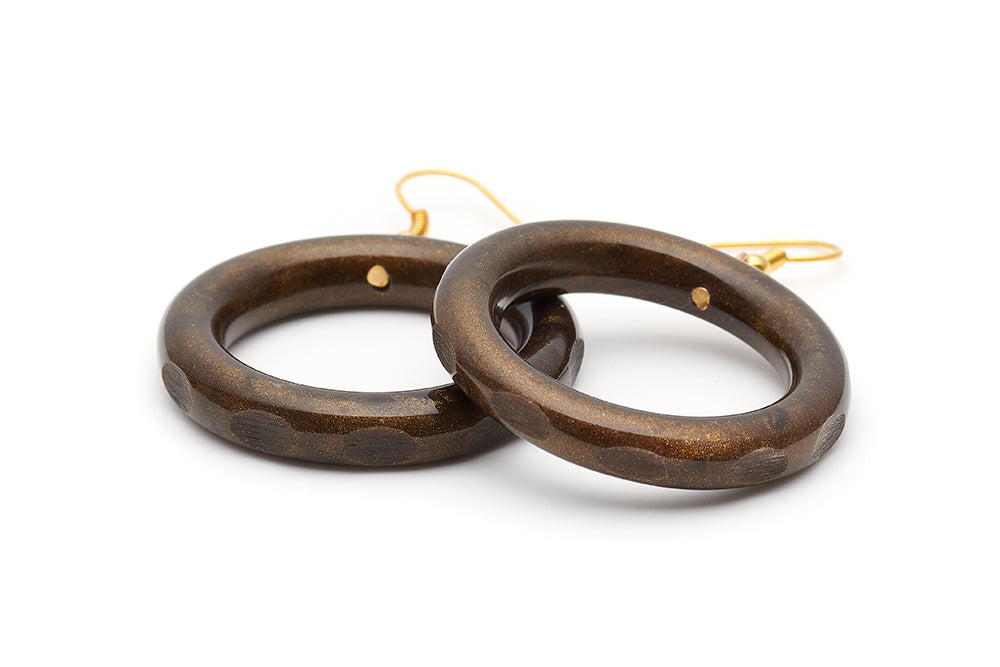 Splendette vintage inspired 1940s style carved brown  Golden Espresso Fakelite Drop Hoop Earrings