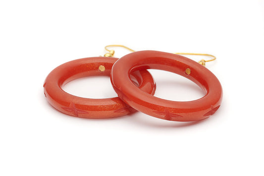 Splendette vintage inspired 1940s style carved orange Golden Amber Fakelite Drop Hoop Earrings