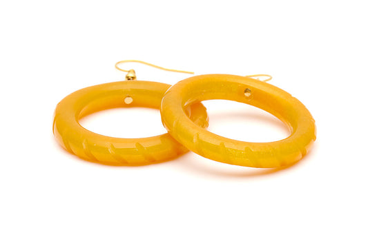 Splendette vintage inspired 1940s style carved yellow Golden Mustard Fakelite Drop Hoop Earrings