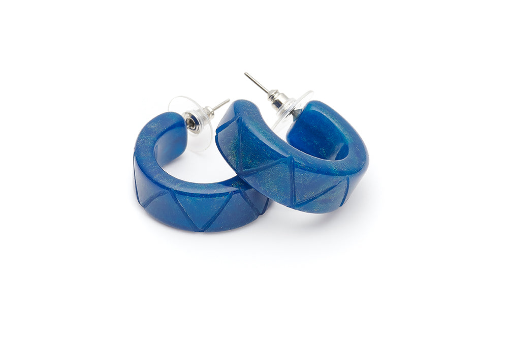 Splendette vintage inspired 1940s style carved blue Golden Ink Fakelite Hoop Earrings
