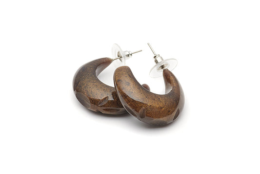 Splendette vintage inspired 1940s style carved brown Golden Espresso Fakelite Hoop Earrings