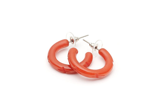 Splendette vintage inspired 1940s style carved orange Golden Amber Fakelite Hoop Earrings