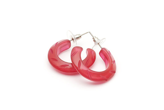 Splendette vintage inspired 1940s style carved red Narrow Golden Bordeaux Fakelite Hoop Earrings