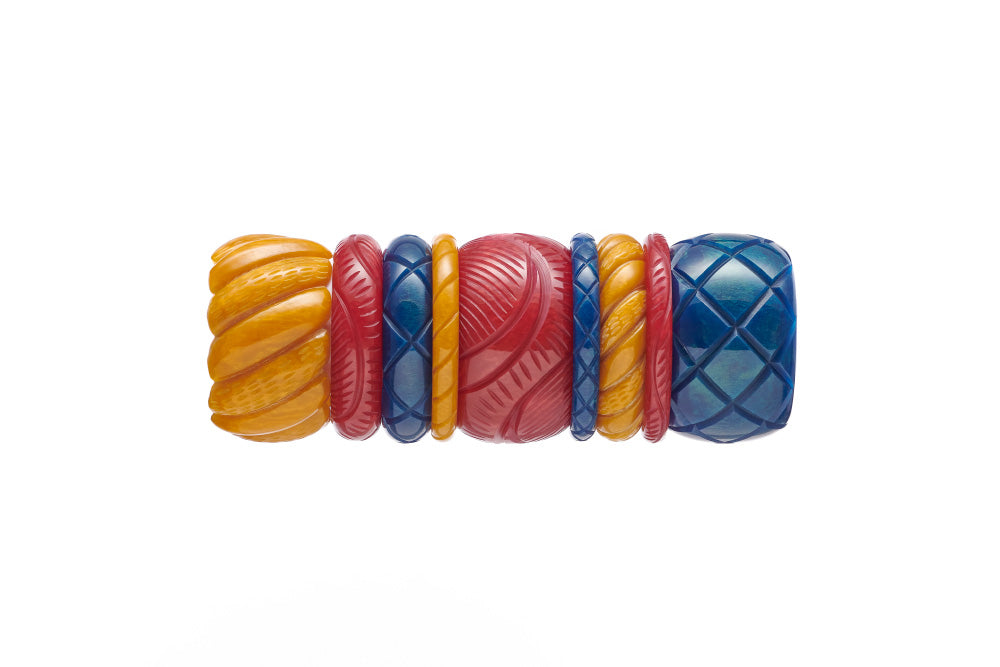 Splendette vintage inspired 1940s Bakelite style Golden Fakelite bangle stack with blue Ink, yellow Mustard and red Bordeaux
